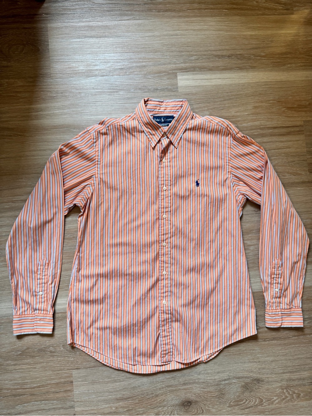 Ralph Lauren Custom Fit Mens Large Orange Blue Striped Button Down Shirt